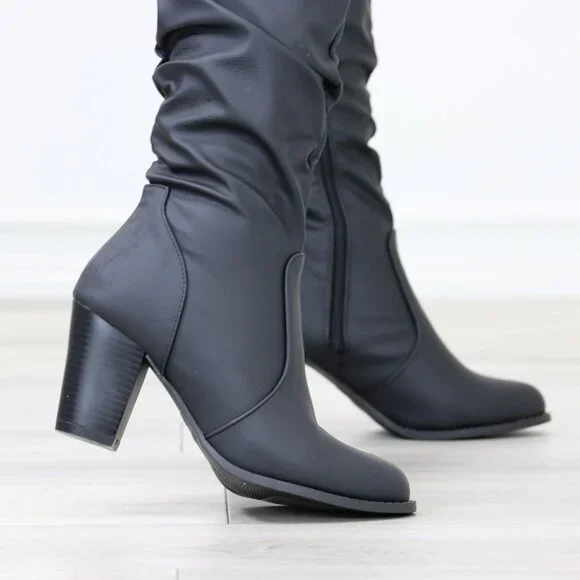 Black Mid-Calf Boots Faux leather Side Zip Block Heel Slouched Shaft - Picture 7 of 15